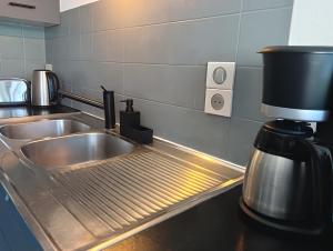 a kitchen with a sink and a coffee maker at La Marjolaine in Annecy