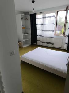 una camera da letto con un grande letto bianco e una finestra di Chambre avec douche privé a Bruxelles