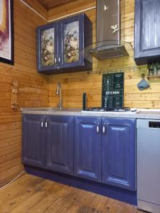 a kitchen with blue cabinets and a sink at Wooden house in Hondol