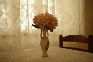 un jarrón con flores rosas sentado en una mesa en La Casa di Nonna, en Qeparo