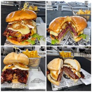 a collage of four pictures of sandwiches and chips at Hotel Sierra de Huesa in Huesa