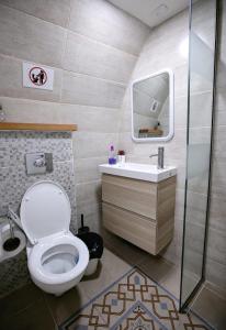 a bathroom with a toilet and a sink and a shower at Tony Guesthouse in ‘Akko