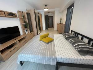 un soggiorno con un grande letto e una TV di Moghioros Park Residence DUM3 a Bucarest