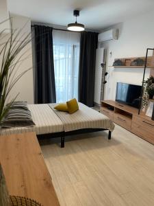 uma sala de estar com uma cama e uma televisão de ecrã plano em Moghioros Park Residence DUM3 em Bucareste