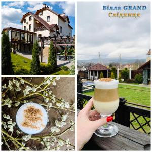 a collage of pictures with a drink and a house at Villa Grand in Skhidnitsa