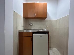 uma pequena cozinha com um lavatório e uma máquina de lavar louça em Christopher's apartments em Ulcinj