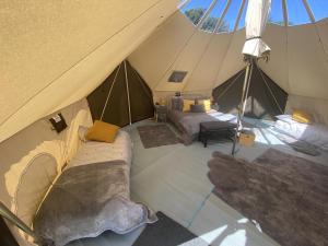 eine Aussicht auf ein Zelt mit 2 Betten in der Unterkunft Bell Tents at Llanfair Hall in Llanfairpwllgwyngyll