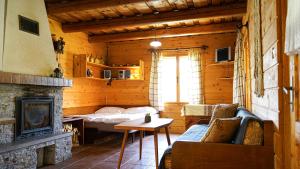 ein Wohnzimmer mit einem Sofa und einem Kamin in der Unterkunft Drevenica JURsport Dúbrava in Dúbrava