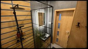 a glass wall with a mirror next to a door at Good Knight Apartman in Szeged