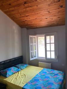 1 dormitorio con 1 cama con techo de madera en Yeni Foça’da teraslı müstakil ev en Yenifoca