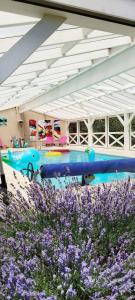 een blauwe bank in een kamer met paarse bloemen bij Bienvenue au Faré Hibiscus in Corrombles