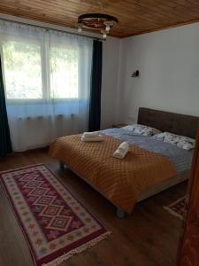 sypialnia z dwoma łóżkami i dużym oknem w obiekcie Casa Blaju w mieście Colibiţa
