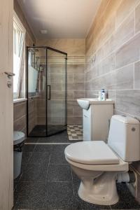 a bathroom with a toilet and a sink and a shower at Kuren Hostel in Karklė