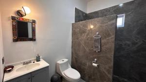 a bathroom with a shower and a toilet and a sink at Casa Relax w/Pool & Rooftop Lounge in El Centenario +17 photos