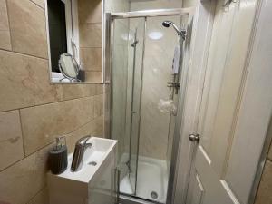a bathroom with a shower and a sink at Greenwich Room in London