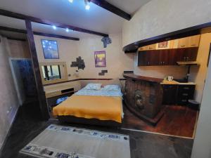 a small room with a bed and a kitchen at LENA Apartman 45m2 Sokobanja-CENTAR in Soko Banja