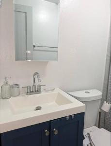 a bathroom with a sink and a toilet and a mirror at Family-Home-Workplace-Peace in Arecibo