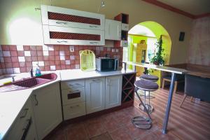 a kitchen with a counter and a sink and a stool at Villa Ametyst in Štúrovo