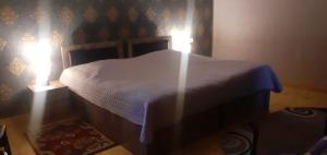 ein Schlafzimmer mit einem weißen Bett mit Licht in der Unterkunft Kaxa Shorena Guest-House in Kazbegi