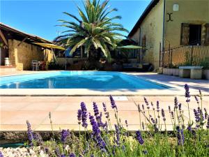 uma piscina em frente a uma casa com flores roxas em Maison Lacourrège em Urgosse