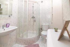 a bathroom with a shower and a toilet and a sink at Regem Pokoje Nowogrodzka in Warsaw +39 photos
