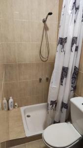 uma casa de banho com um WC e uma cortina de chuveiro em La Casilla: Casa acogedora a los pies de la Atalaya. em Níjar
