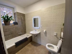 ein Badezimmer mit einem WC, einem Waschbecken und einer Badewanne in der Unterkunft Apartmán Vyhlídka Hamry in Hamry