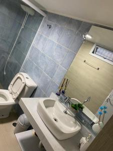 een badkamer met een wastafel en een toilet bij Apartamento Praia Enseada Guarujá Wilma - próximo da praia - com ar condicionado e vaga para carro in Guarujá