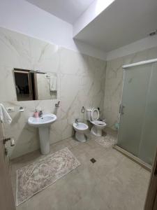 y baño con lavabo, aseo y ducha. en Luxury Apartment in Elbasan, en Elbasan