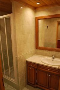 a bathroom with a sink and a shower with a mirror at Chalet savoyard By the Rock in Villaroger