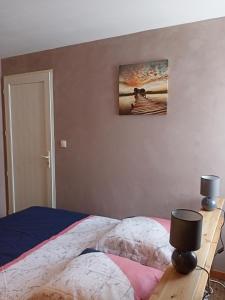 a bedroom with a bed and a picture on the wall at chez christine in Sainte-Marie +9 photos