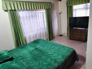 1 dormitorio con 1 cama verde y TV de pantalla plana en CASA LA PRADERA, en Paipa