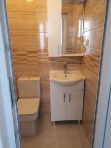 a bathroom with a toilet and a sink and a mirror at Villa Blanca in Bar
