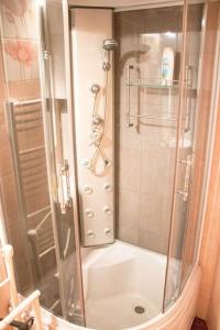 a shower with a glass door in a bathroom at Balogh vendegház in Szeged
