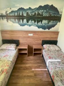 dwa łóżka w pokoju z obrazem na ścianie w obiekcie Apartments "Predah kod Baraća" w Niszu