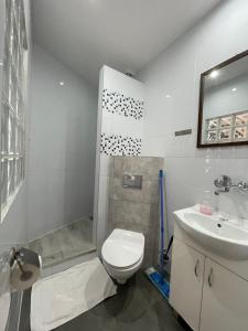 ein Bad mit einer Dusche, einem WC und einem Waschbecken in der Unterkunft CBC Pokoje Hotelowe in Starogard Gdański