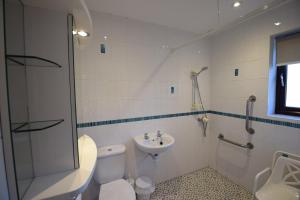 a bathroom with a toilet and a sink and a shower at Beckside Cottage in Penrith +14 photos