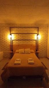 een slaapkamer met een bed met twee verlichting bij Los Cardones - Ruta40 in Chilecito +6 foto's