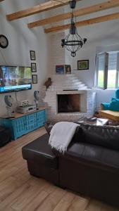 a living room with a couch and a fireplace at Vila Sava in Sopot