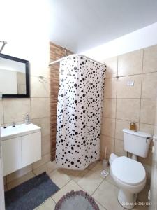 a bathroom with a toilet and a shower curtain at Departamento monoambiente hasta 4 personas- Maragus2 in Posadas