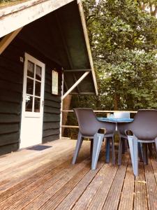 een terras met 2 stoelen en een tafel bij Basic Lodge in Nature in Schagerbrug