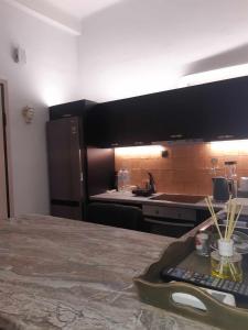 a kitchen with a black refrigerator and a counter top at XANTHI'S 4 LIVING in Athens