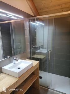 a bathroom with a sink and a glass shower at Chalet Kelly in Les Orres