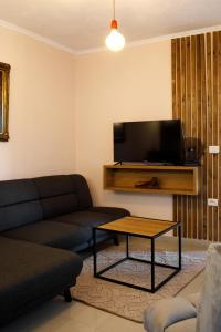 a living room with a couch and a flat screen tv at Martin Villa Gjirokaster in Gjirokastër