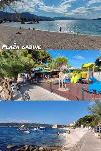 a collage of two pictures of a beach at Lady Di apartments in Kaštela