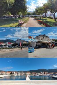 a collage of four pictures of a town with a lake at Lady Di apartments in Kaštela