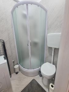 uma casa de banho com uma cabina de duche em vidro e um WC. em Lady Di apartments em Kaštela