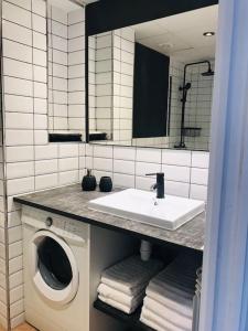 a bathroom with a sink and a washing machine at APARTAMENTO CASA TEVA Wifi-Parquing free-Terraza in Canillo