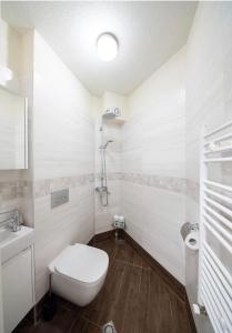 a white bathroom with a toilet and a shower at Top Central Luxury Apartment & Free Parking in Sofia