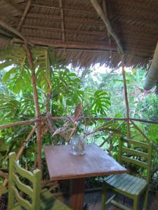 a wooden table and chairs with a plant on it at Cloud forest SAN CARLOS in La Merced